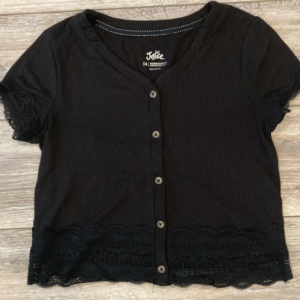 Justice Black Ribbed Button-Front Lace-Hem Crop Top